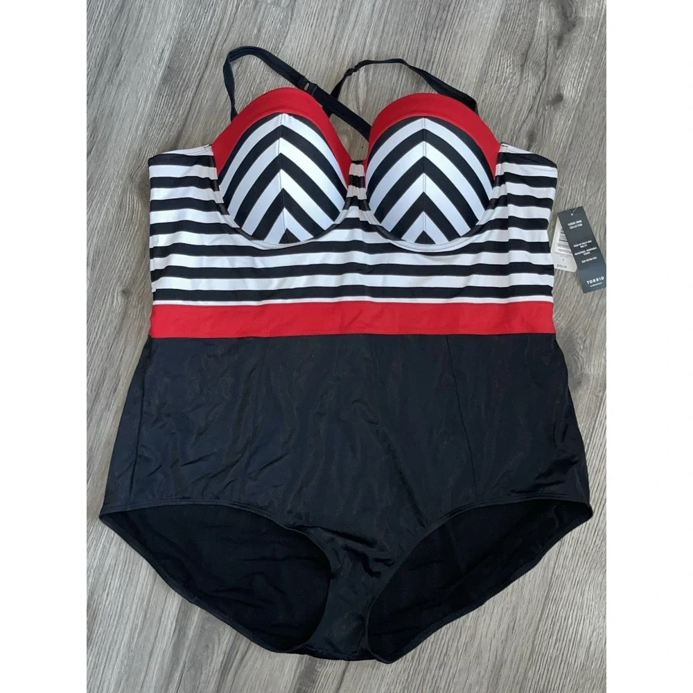 TORRID Womens SWIMSUIT  One Piece Black Red Underwire Bra Size 5 (28) NWT‎